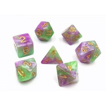 RPG Dice 7 Set - Marble Purple Green White (Gold Font)