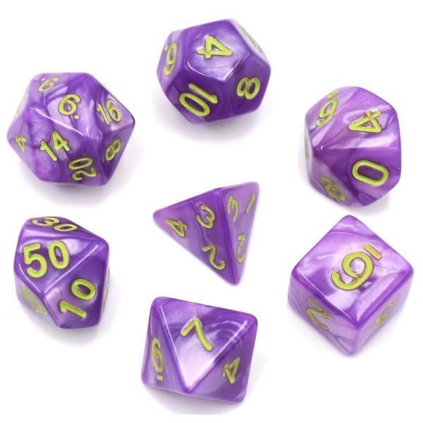 Polyhedral Dice Set | Acrylic | Pearl Light Purple (Light Green Font) | Set of 7 (D0126)