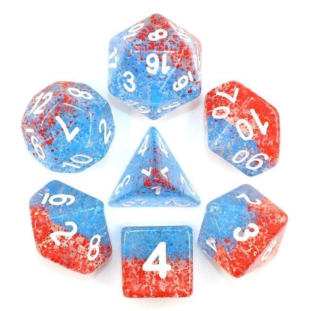 Polyhedral Dice Set | Acrylic | "Coral Reef" Red Blue Particles | Set of 7 (D0074)