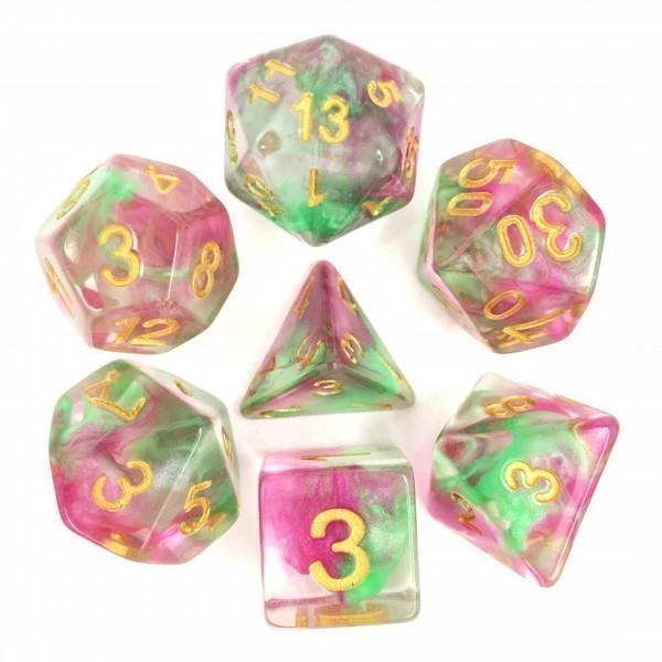 RPG Dice 7 Set - Swirl Rose Red Green
