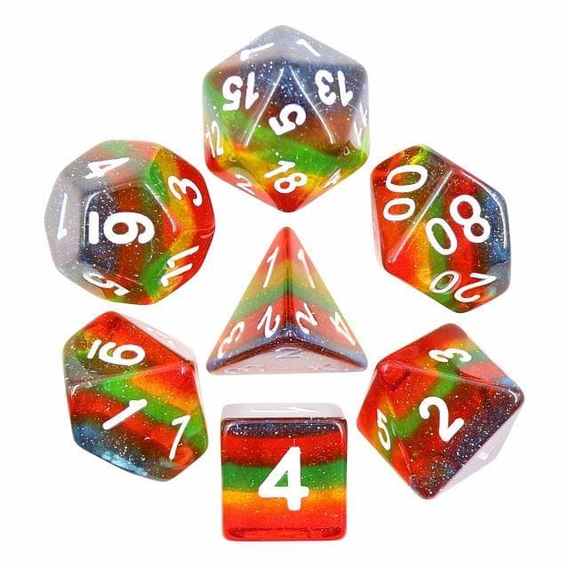 Polyhedral Dice Set | Acrylic | Glittery Rainbow (Translucent) | Set of 7 (D0070)