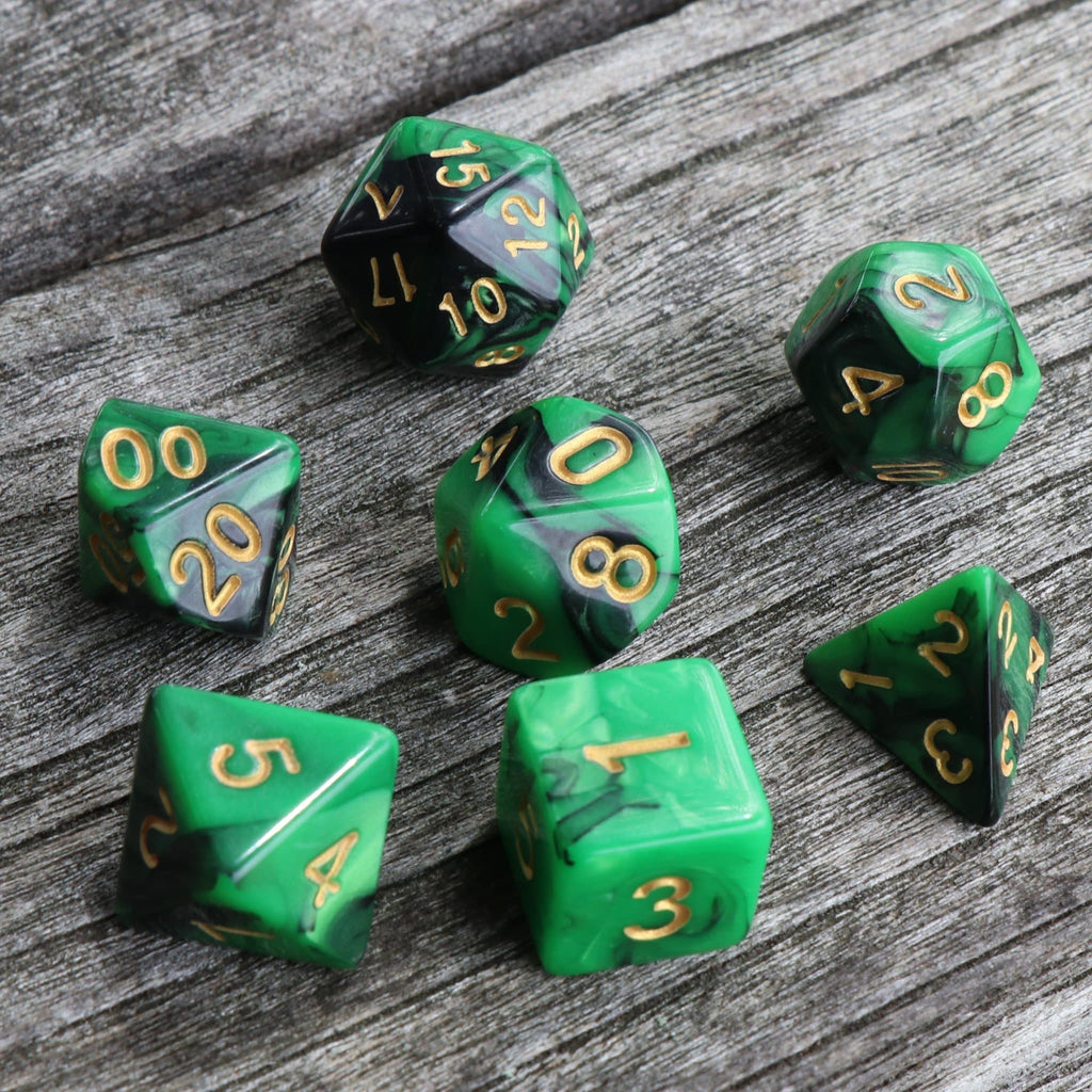 Polyhedral Dice Set | Acrylic | Blend Green Black (Gold Font) | Set of 7 (D0155)