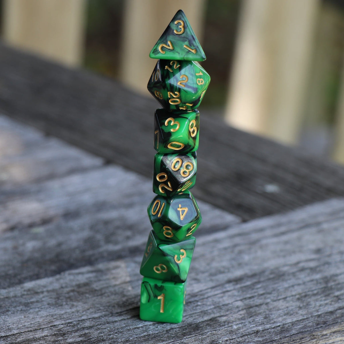 Polyhedral Dice Set | Acrylic | Blend Green Black (Gold Font) | Set of 7 (D0155)