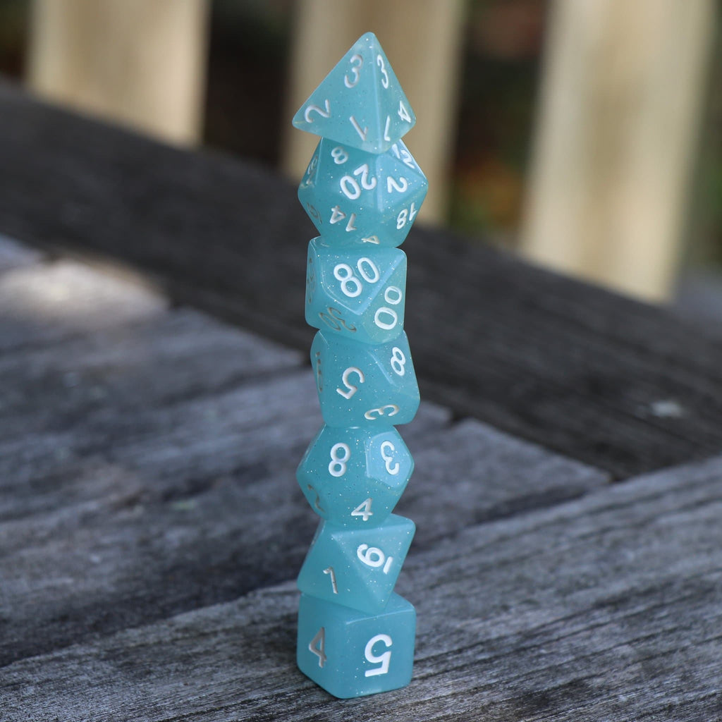 Polyhedral Dice Set | Acrylic | "Ice Blue" Translucent Glitter | Set of 7 (D0027)