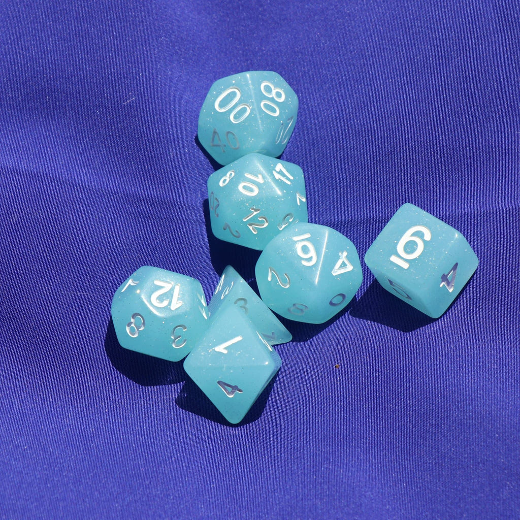 Polyhedral Dice Set | Acrylic | "Ice Blue" Translucent Glitter | Set of 7 (D0027)