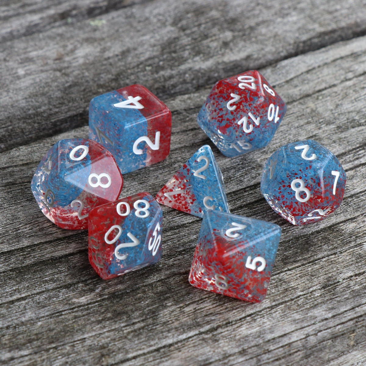Polyhedral Dice Set | Acrylic | "Coral Reef" Red Blue Particles | Set of 7 (D0074)