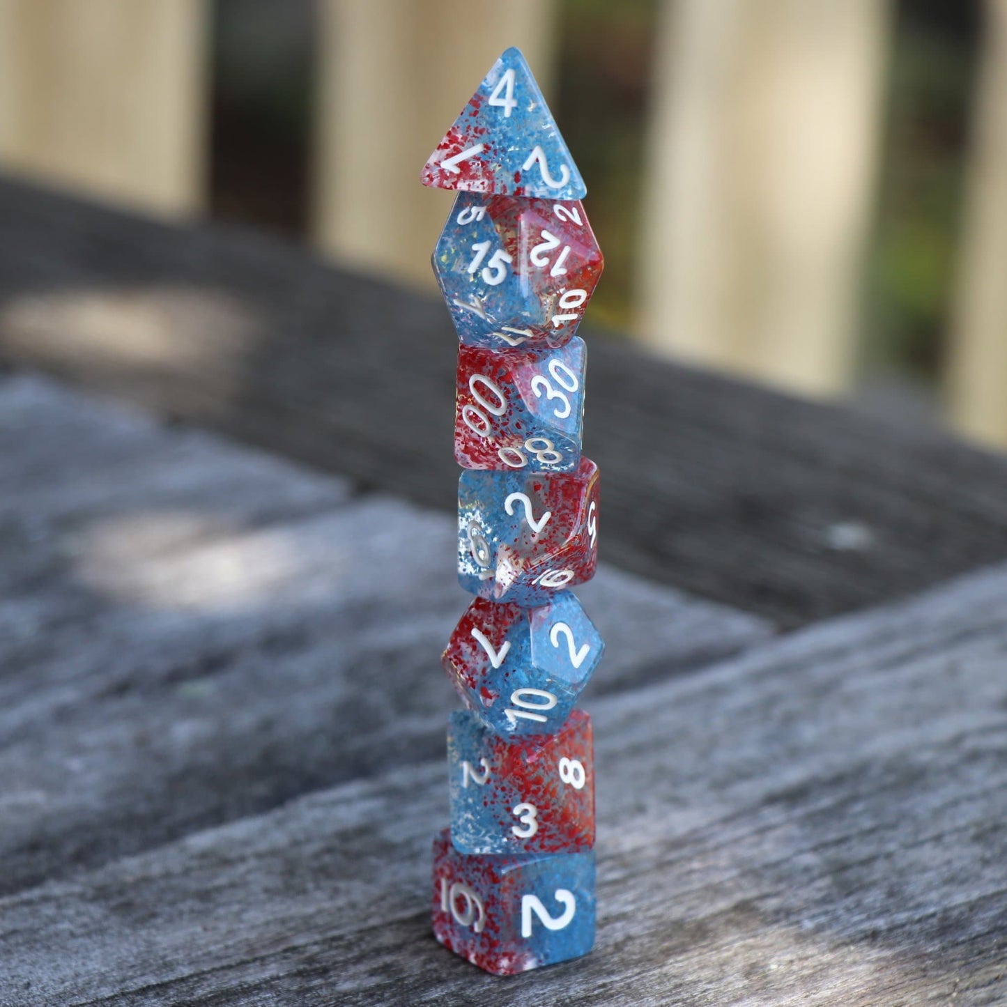 Polyhedral Dice Set | Acrylic | "Coral Reef" Red Blue Particles | Set of 7 (D0074)