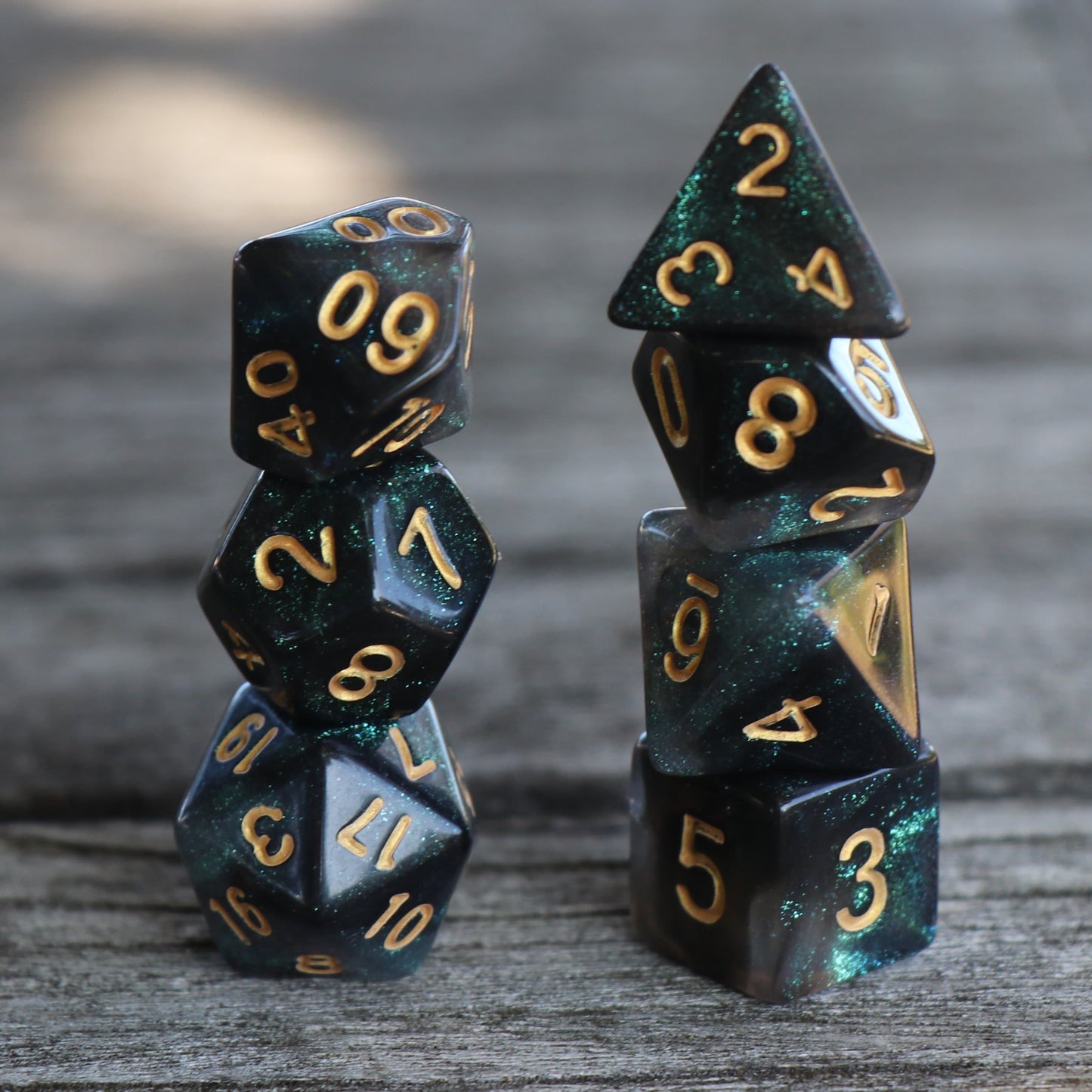 RPG Dice | "Emerald Aurora" Gold Ink | Set of 7