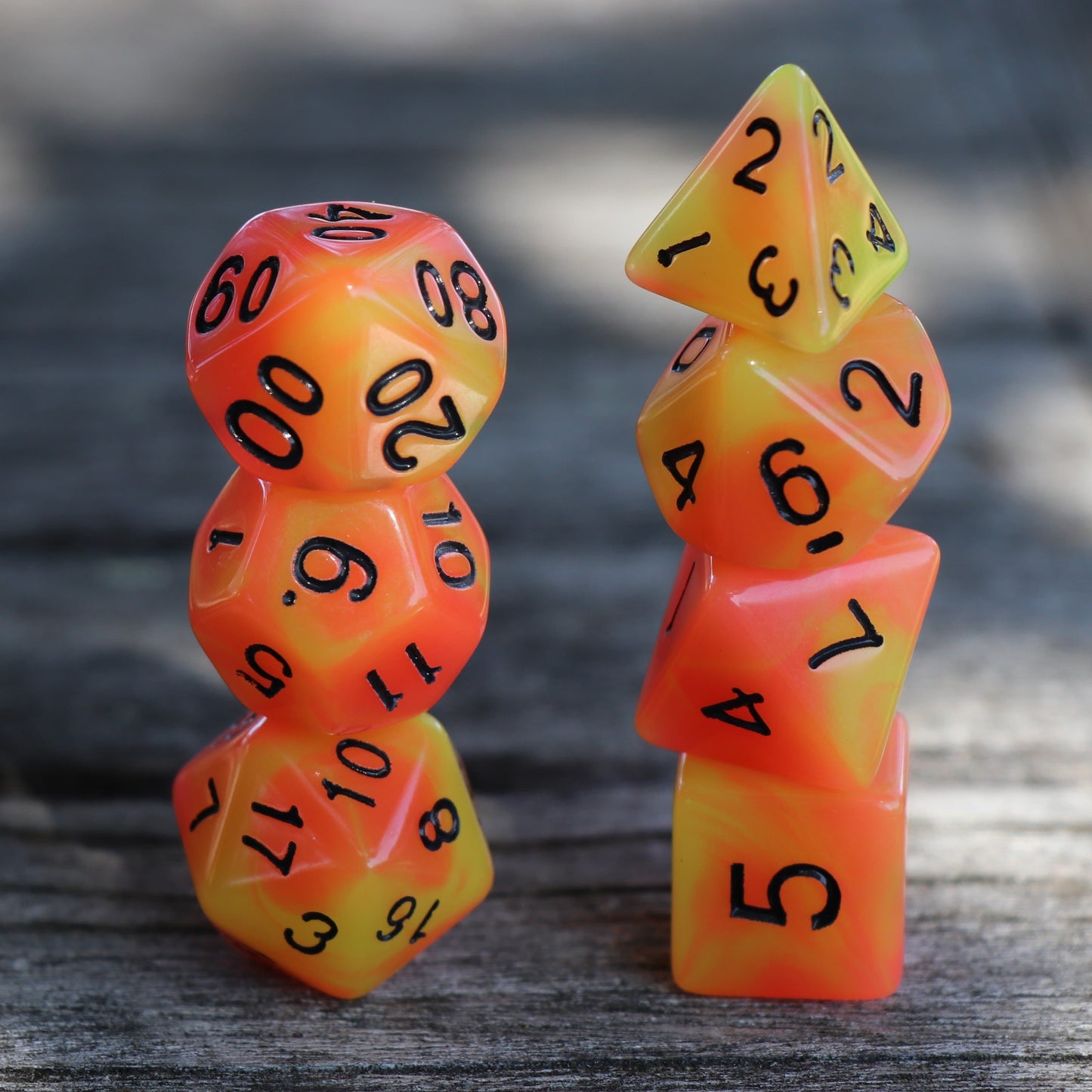RPG Dice 7 Set - Glow in the Dark "Smouldering Embers" (Red Yellow)