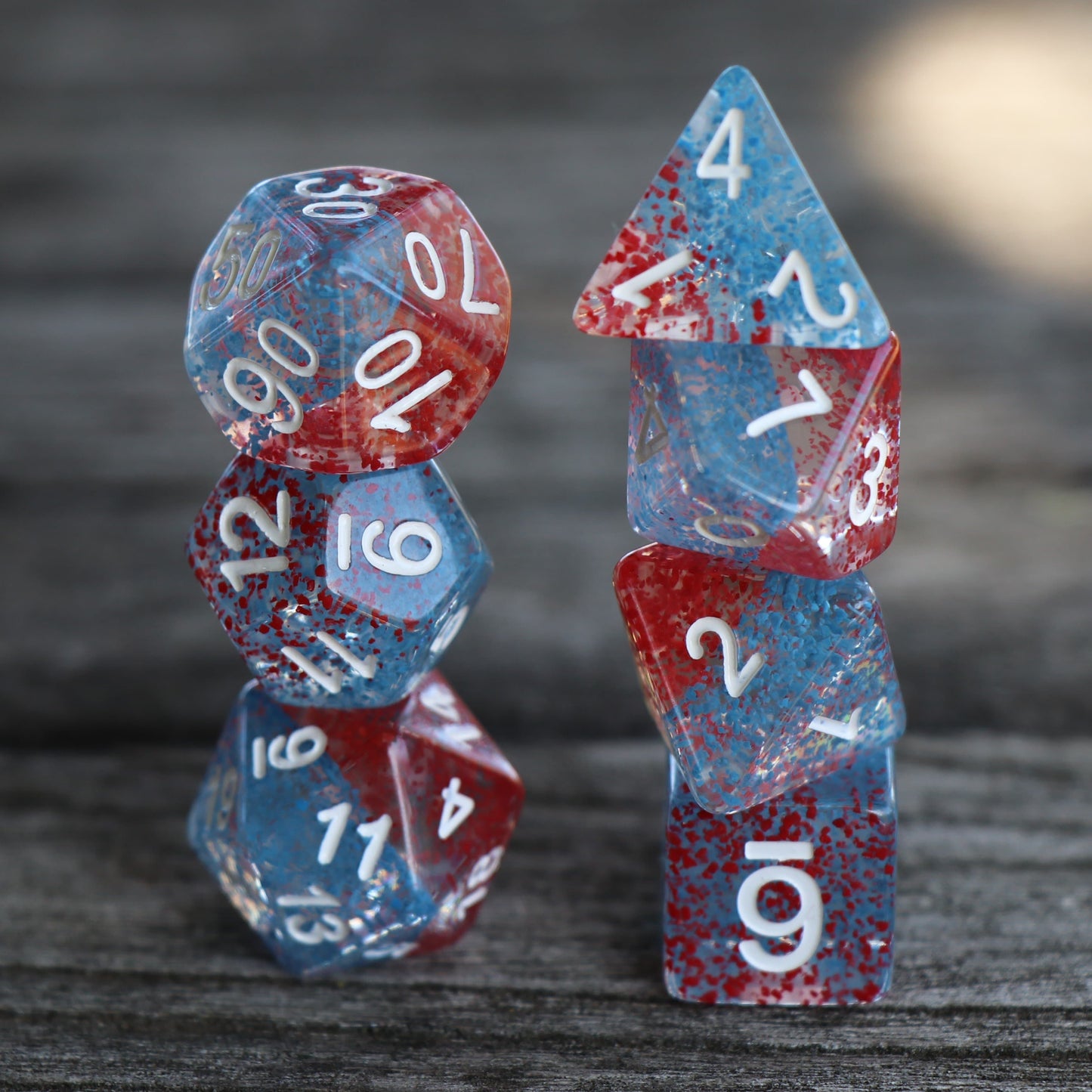 Polyhedral Dice Set | Acrylic | "Coral Reef" Red Blue Particles | Set of 7 (D0074)