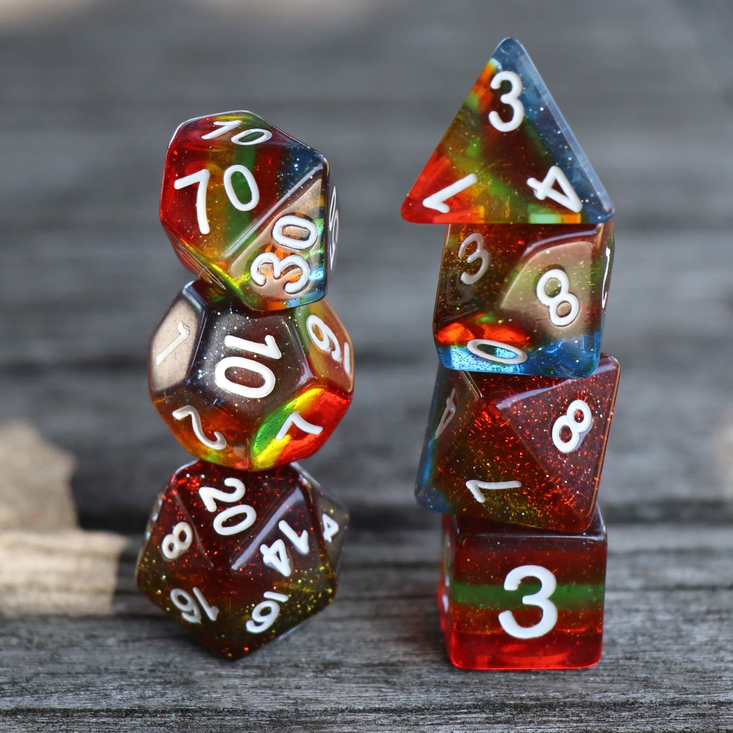 Polyhedral Dice Set | Acrylic | Glittery Rainbow (Translucent) | Set of 7 (D0070)