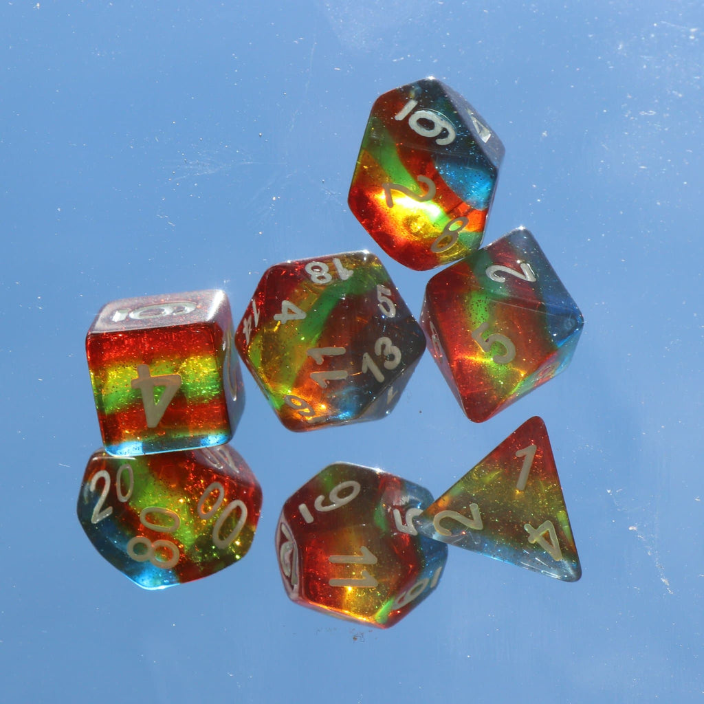 Polyhedral Dice Set | Acrylic | Glittery Rainbow (Translucent) | Set of 7 (D0070)