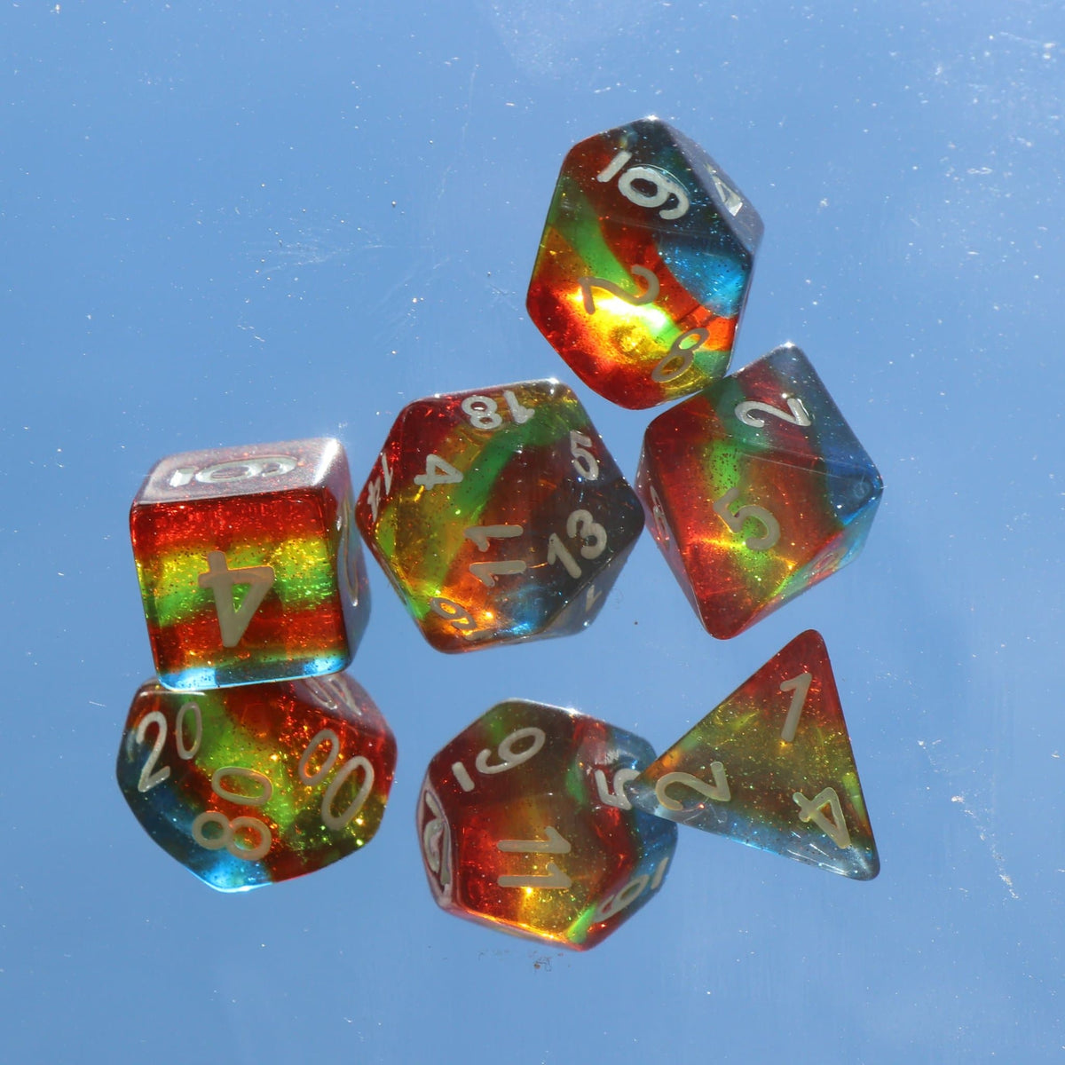 Polyhedral Dice Set | Acrylic | Glittery Rainbow (Translucent) | Set of 7 (D0070)