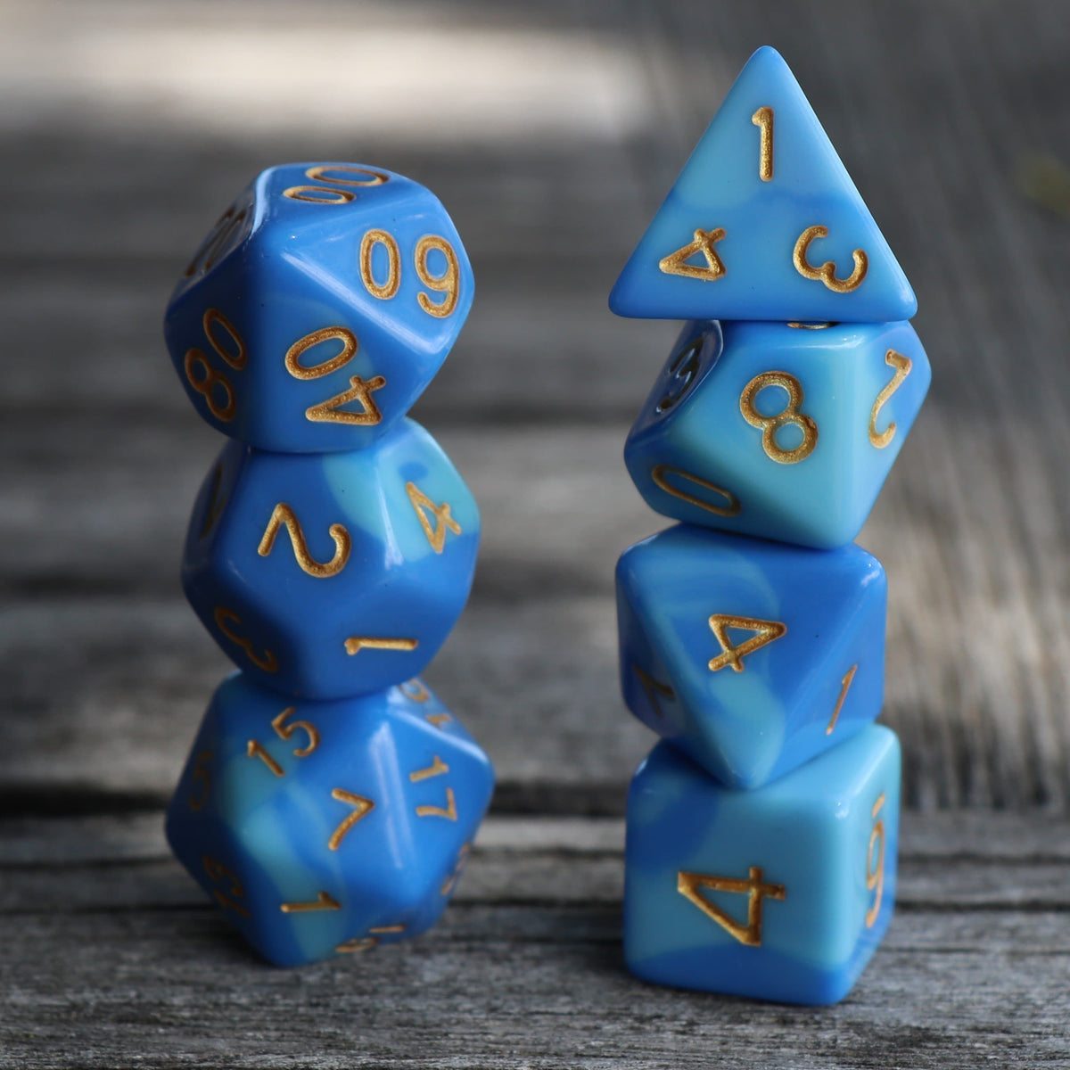 Polyhedral Dice Set | Acrylic | Blend Blue/Sky Blue (Gold Font) | Set of 7 (D0018)