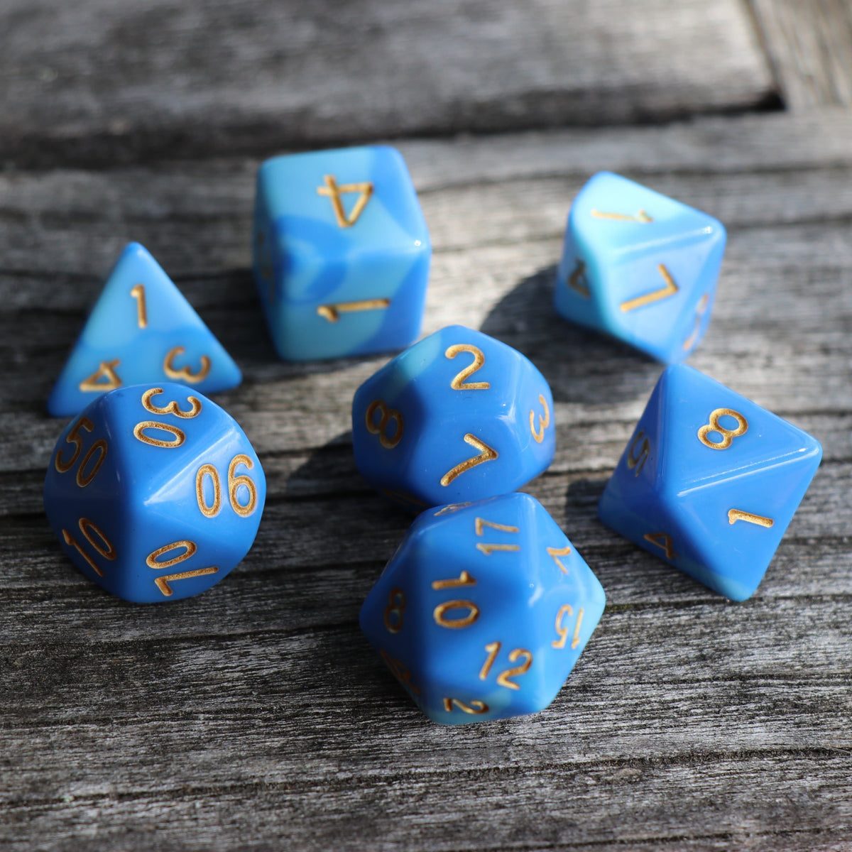 Polyhedral Dice Set | Acrylic | Blend Blue/Sky Blue (Gold Font) | Set of 7 (D0018)