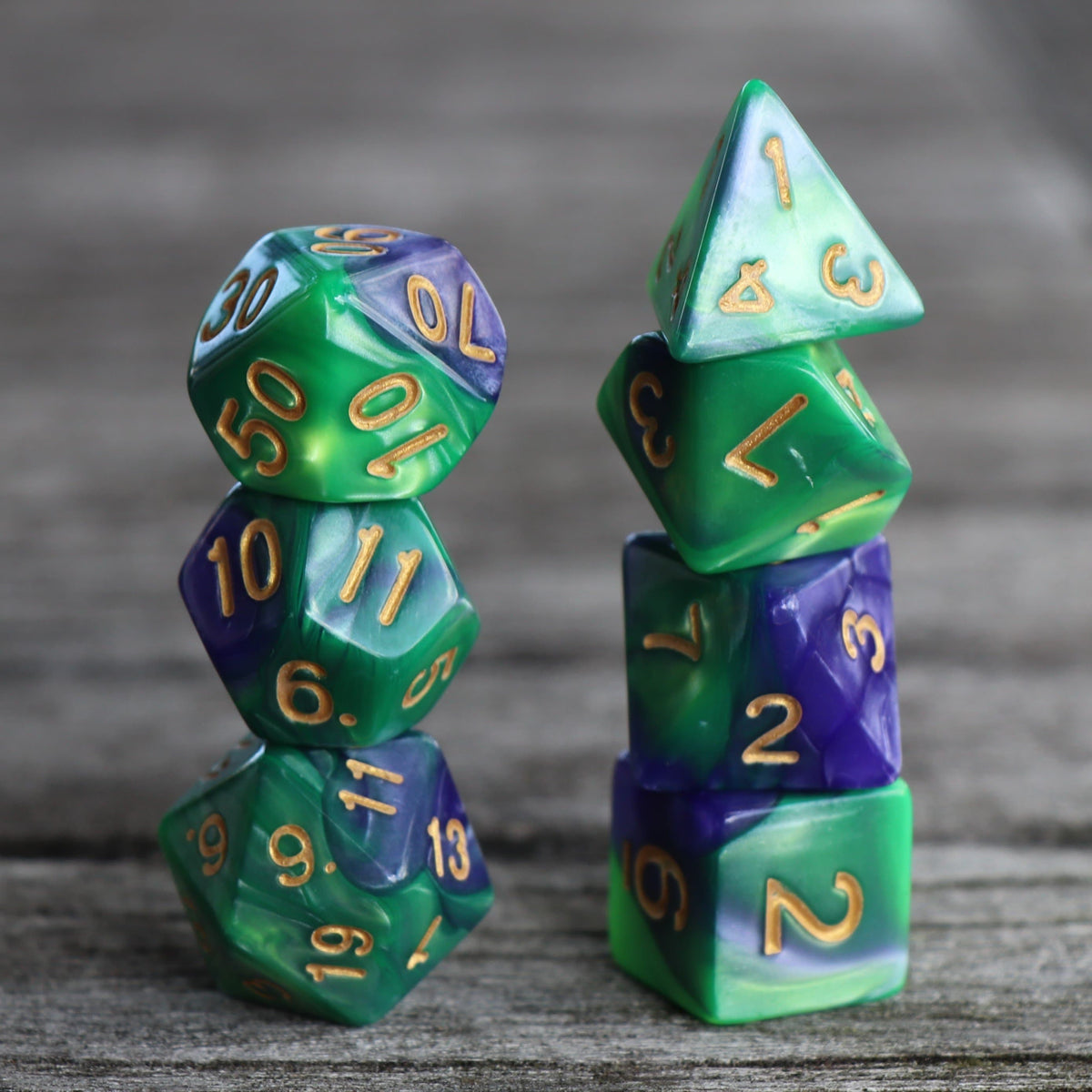 Polyhedral Dice Set | Acrylic | Blend Green Purple (Gold Font) | Set of 7 (D0015)