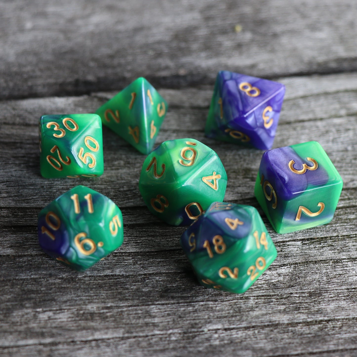 Polyhedral Dice Set | Acrylic | Blend Green Purple (Gold Font) | Set of 7 (D0015)