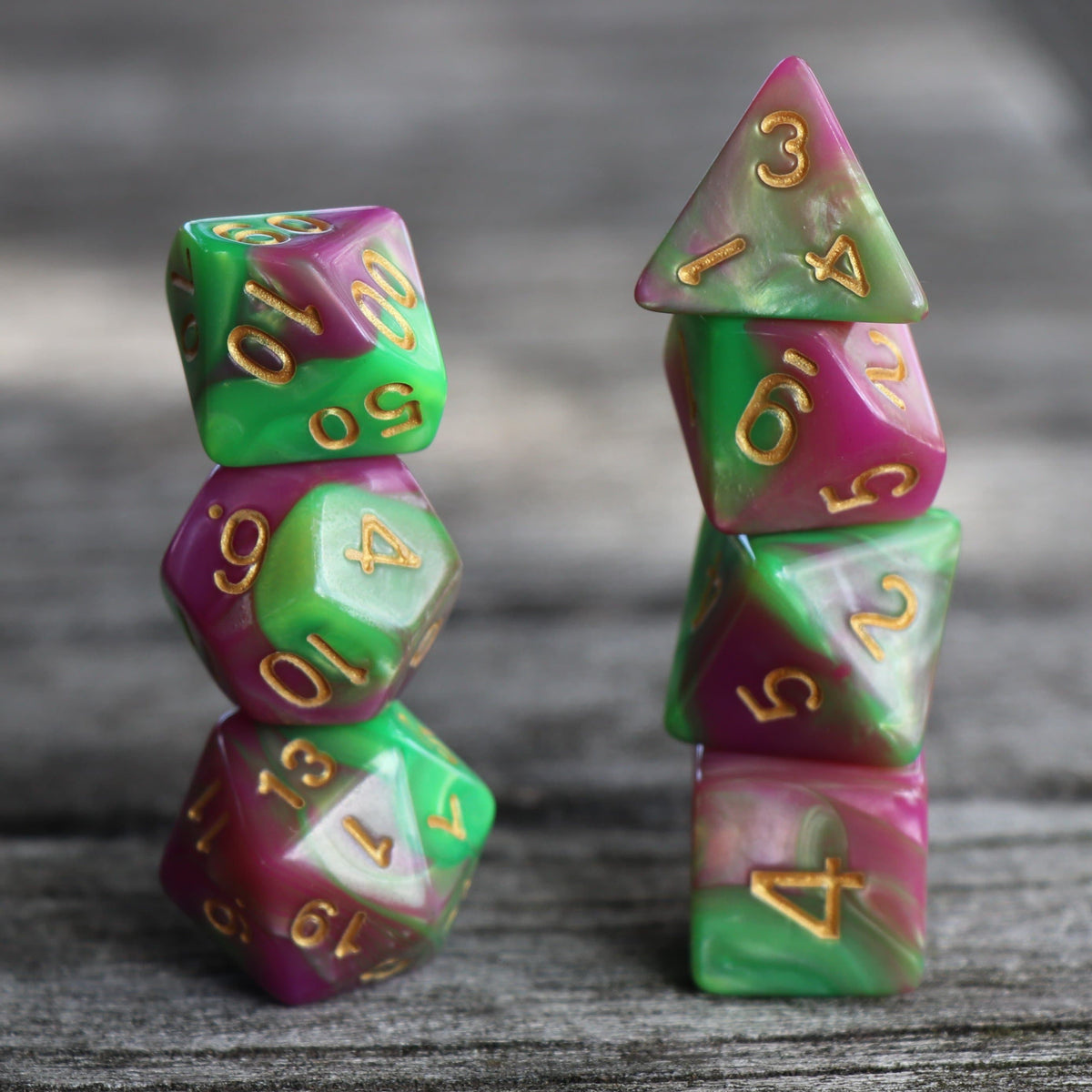 Polyhedral Dice Set | Acrylic | Blend Rose Green (Gold Font) | Set of 7 (D0137)