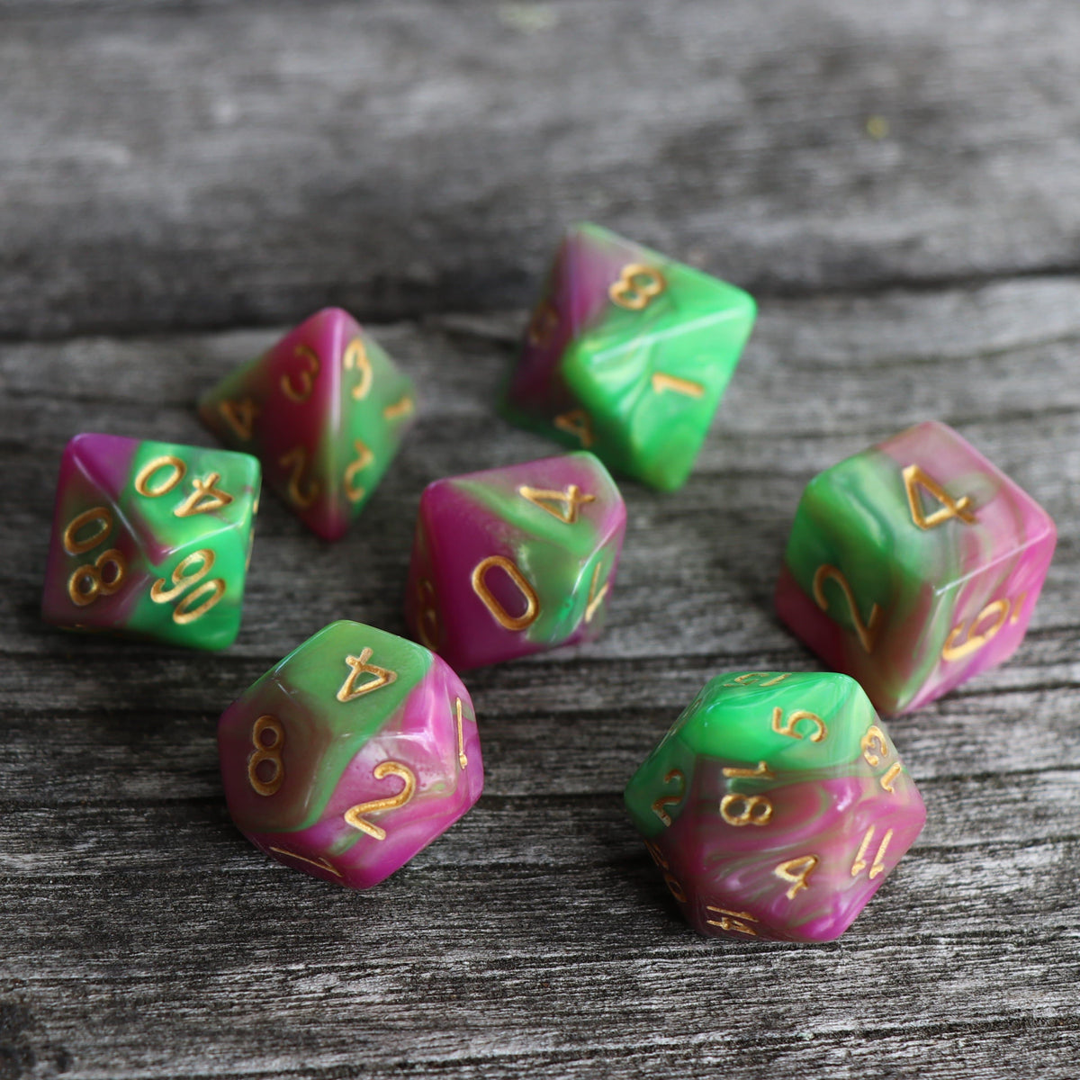 Polyhedral Dice Set | Acrylic | Blend Rose Green (Gold Font) | Set of 7 (D0137)