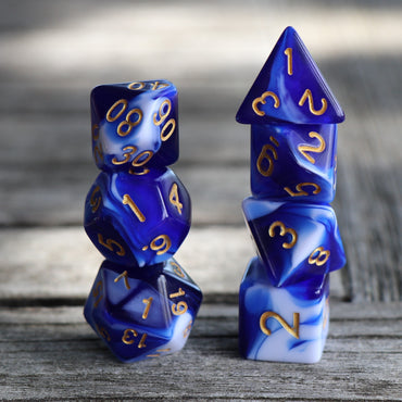 RPG Dice | Blue Porcelain (Gold Ink) | Set of 7