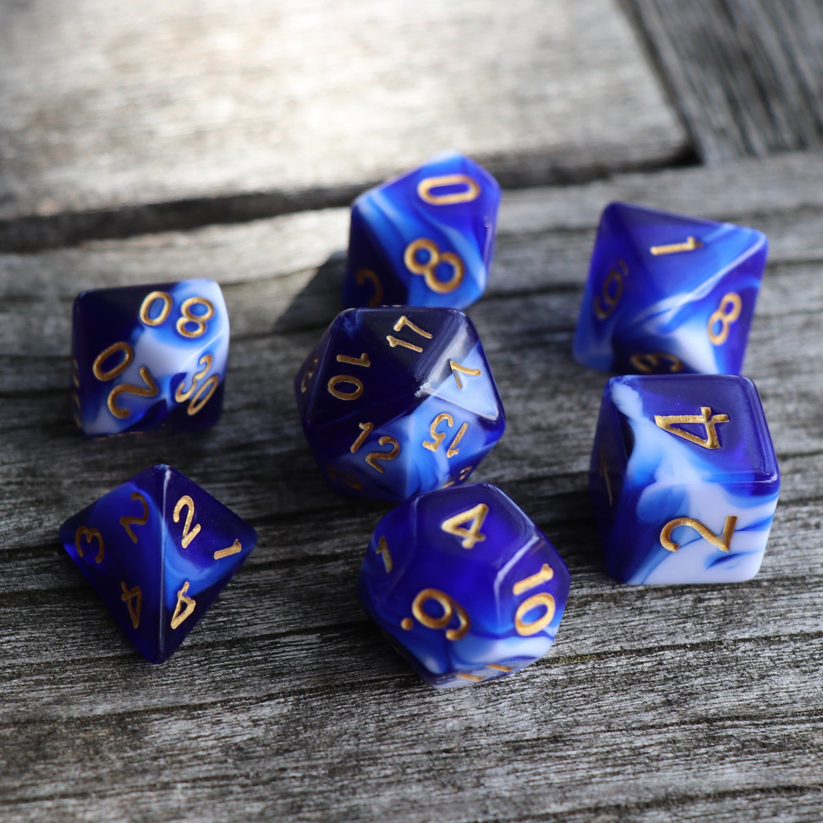 RPG Dice | Blue Porcelain (Gold Ink) | Set of 7