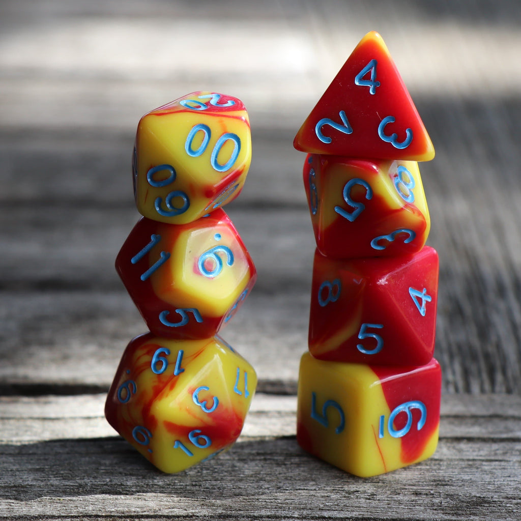Polyhedral Dice Set | Acrylic | Blood Sunrise (Blue Font) | Set of 7 (D0075)