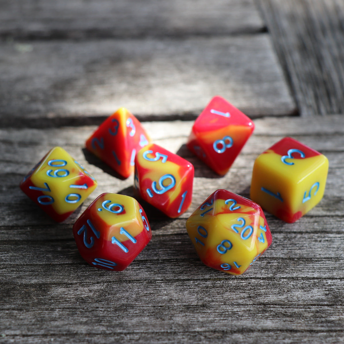 Polyhedral Dice Set | Acrylic | Blood Sunrise (Blue Font) | Set of 7 (D0075)