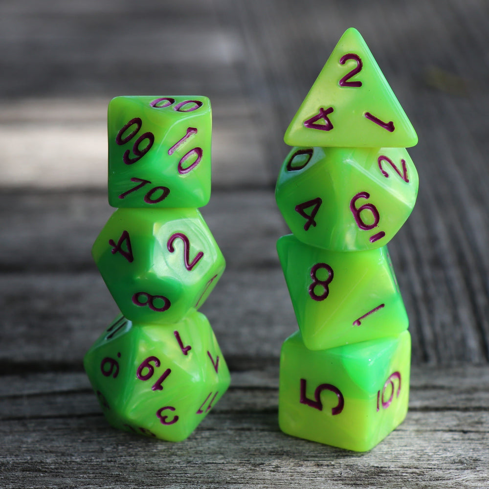 RPG Dice 7 Set - Blend Bright Yellow Green (Red Font)