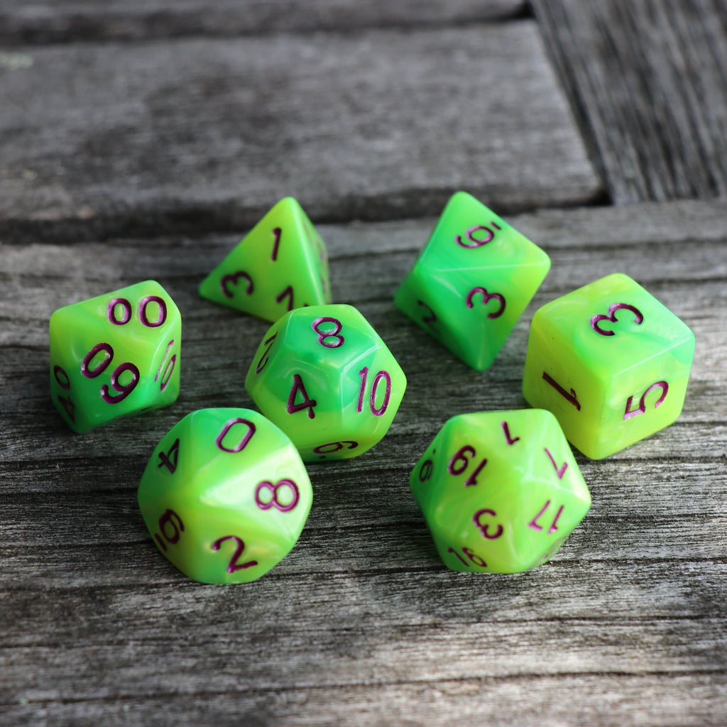 RPG Dice 7 Set - Blend Bright Yellow Green (Red Font)