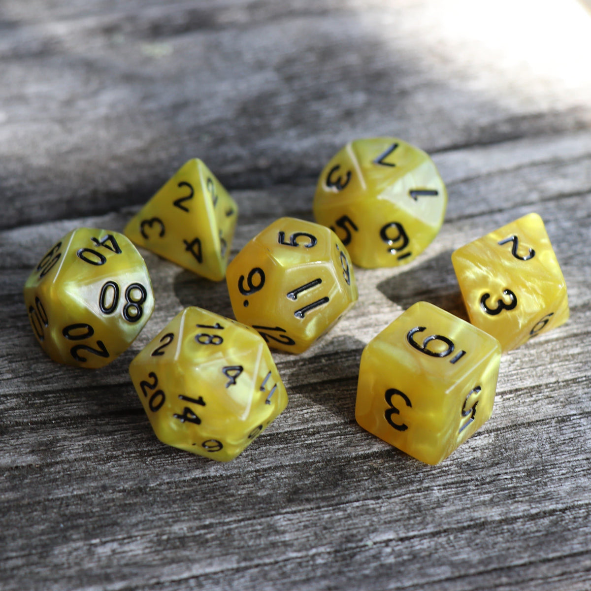 Polyhedral Dice Set | Acrylic | Pearl Yellow (Black Font) | Set of 7 (D0198)