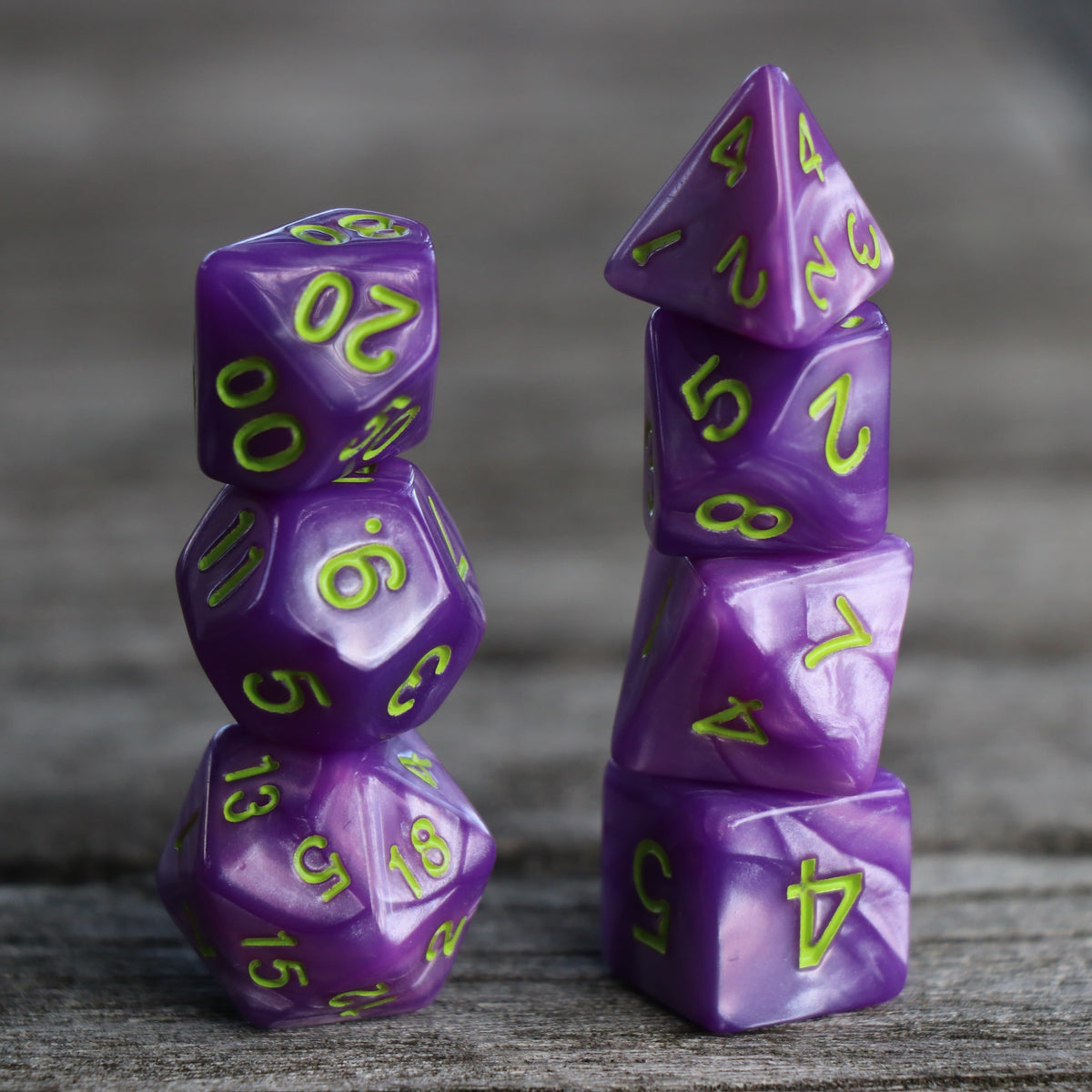 Polyhedral Dice Set | Acrylic | Pearl Light Purple (Light Green Font) | Set of 7 (D0126)