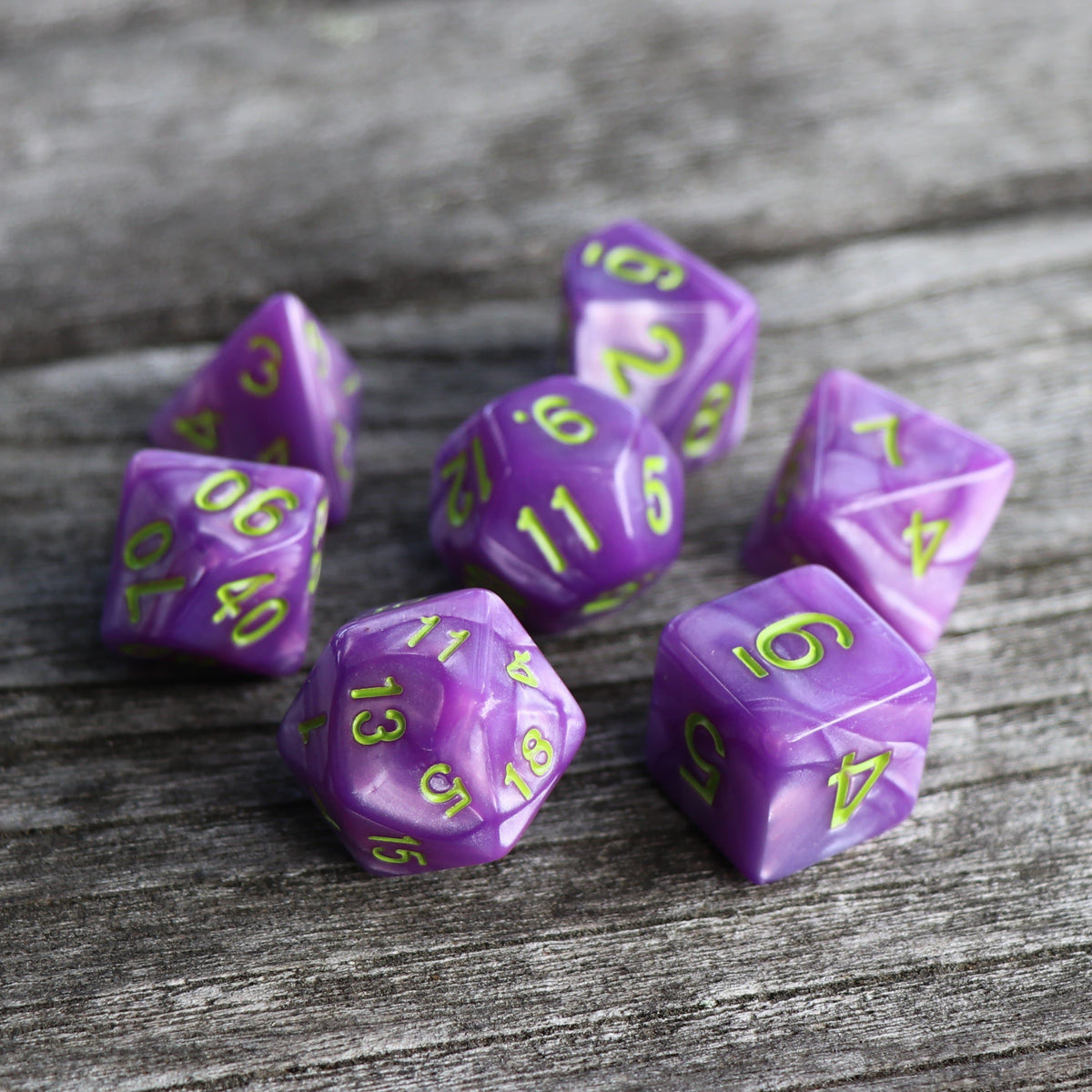 Polyhedral Dice Set | Acrylic | Pearl Light Purple (Light Green Font) | Set of 7 (D0126)