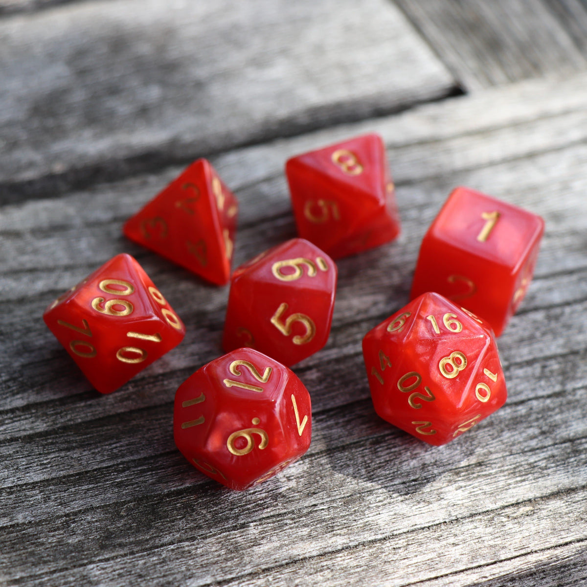 Polyhedral Dice Set | Acrylic | Pearl Red (Gold Font) | Set of 7 (D0127)