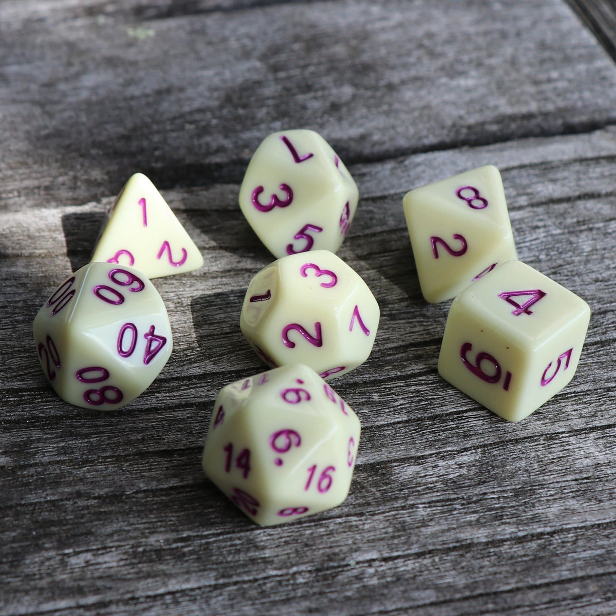 Polyhedral Dice Set | Acrylic | Pastel Eggshell (Magenta Ink) | Set of 7 (D0196)