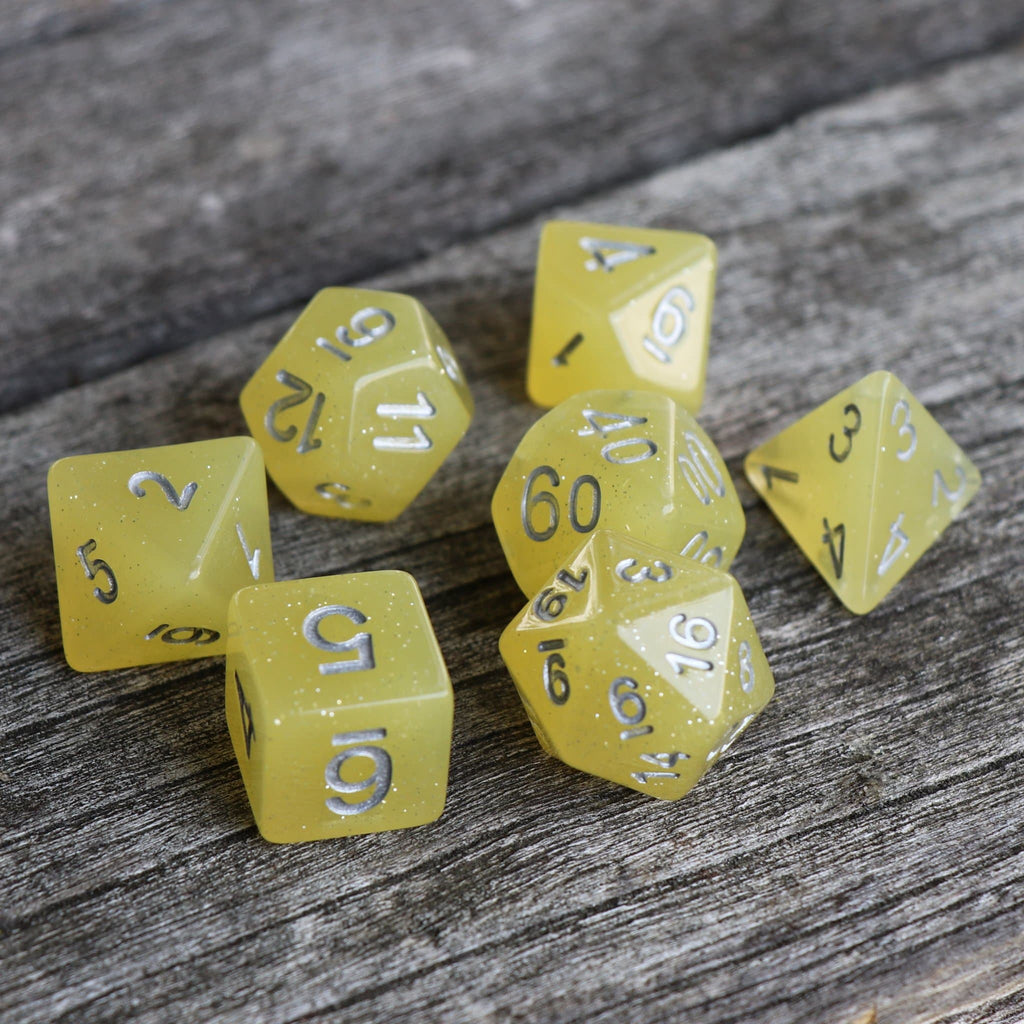 Polyhedral Dice Set | Acrylic | "Sour Glitter Lemon" | Set of 7 (D0044)