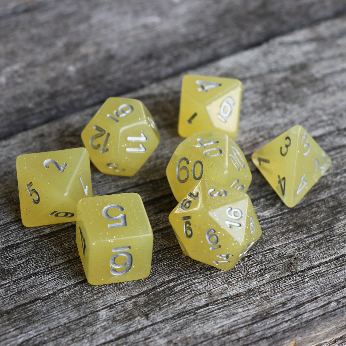 Polyhedral Dice Set | Acrylic | "Sour Glitter Lemon" | Set of 7 (D0044)