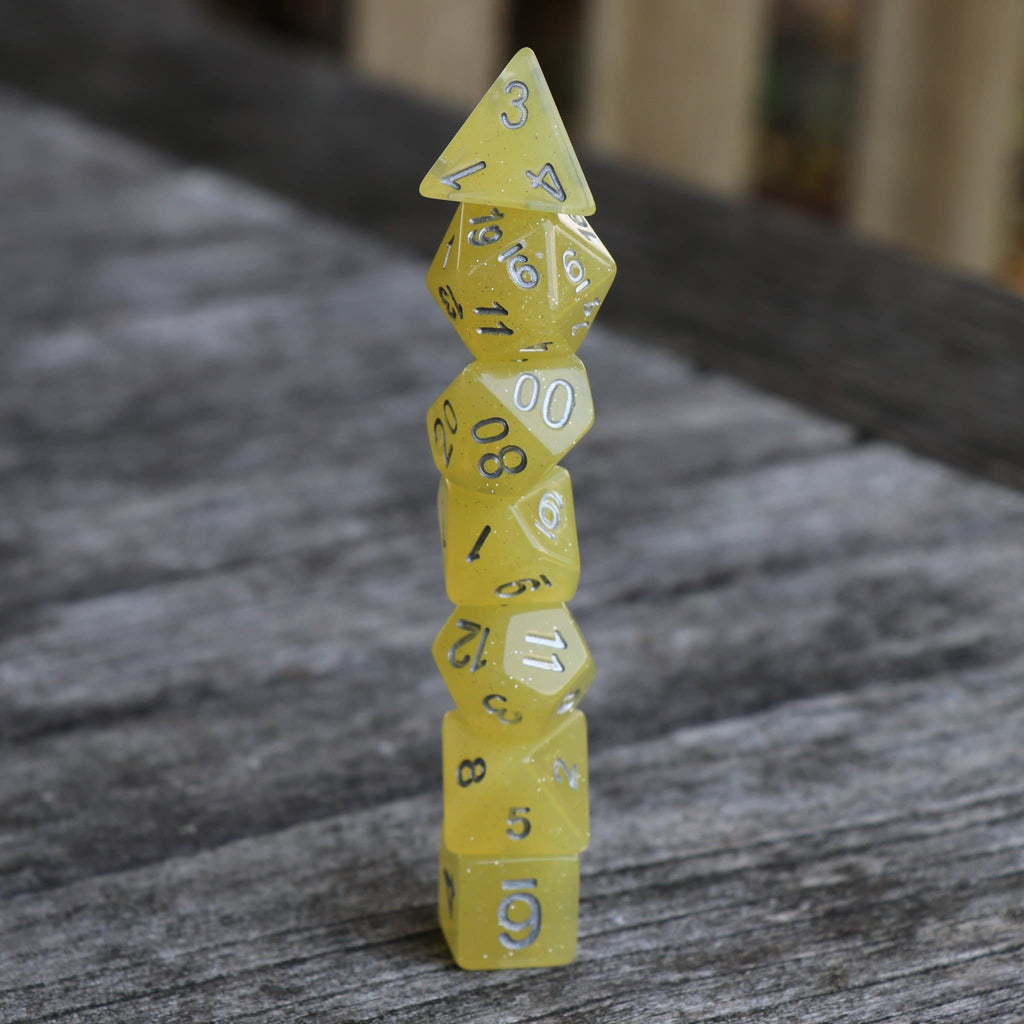 Polyhedral Dice Set | Acrylic | "Sour Glitter Lemon" | Set of 7 (D0044)