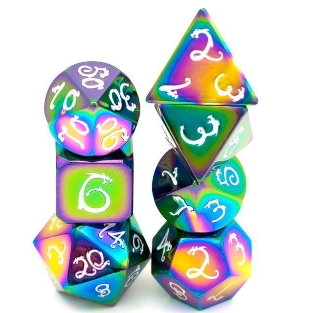 Metal Dice | Rainbow Chrome w/Dragon (White Ink) | Set of 7