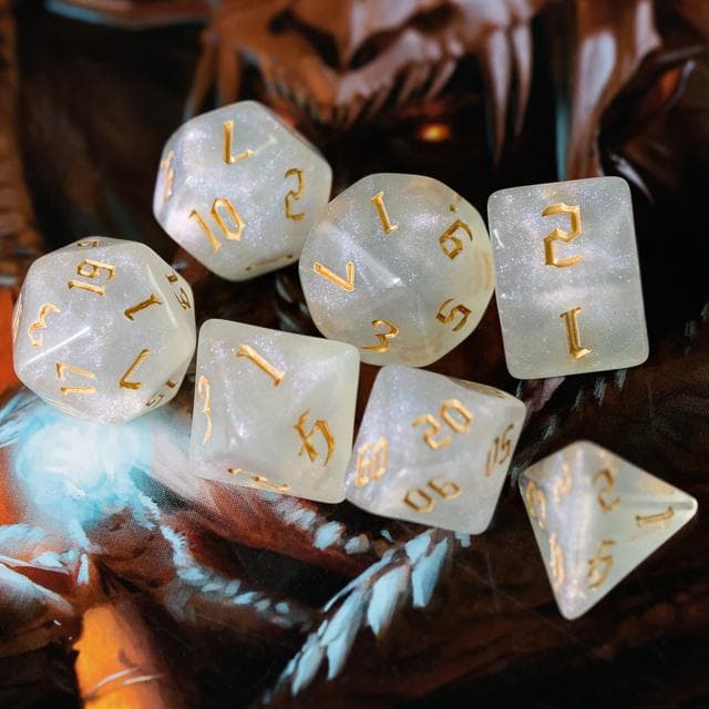 Polyhedral Dice Set | Acrylic | "Moonstone Thorns" Gold Ink | Set of 7 (D0183)