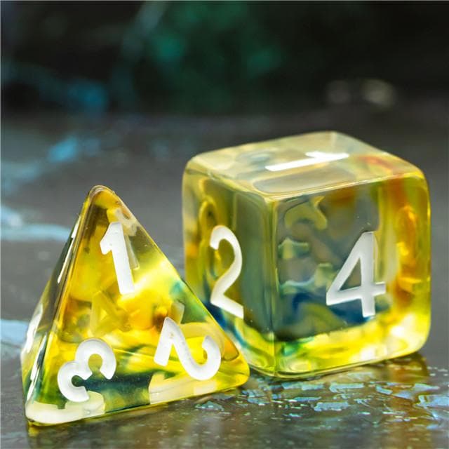 Polyhedral Dice Set | Resin |  "Stained Glass" Yellow & Green | Set of 7 (D0026)