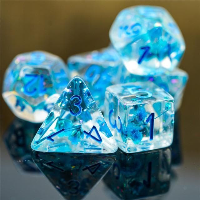 RPG Dice | "Suspended Flower" Glitter Blue | Set of 7
