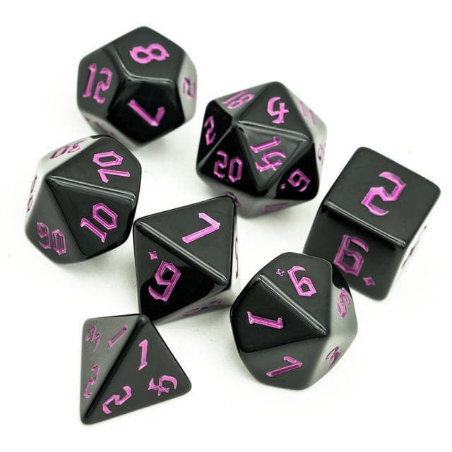 RPG Dice | Solid Black (Pink Ink) | Set of 7