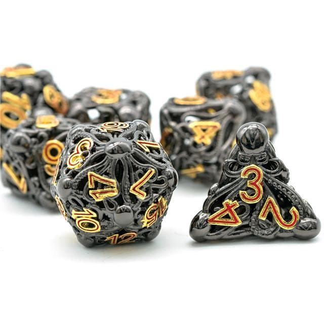 Metal Dice | Hollow "Octopus" Black & Gold | Set of 7