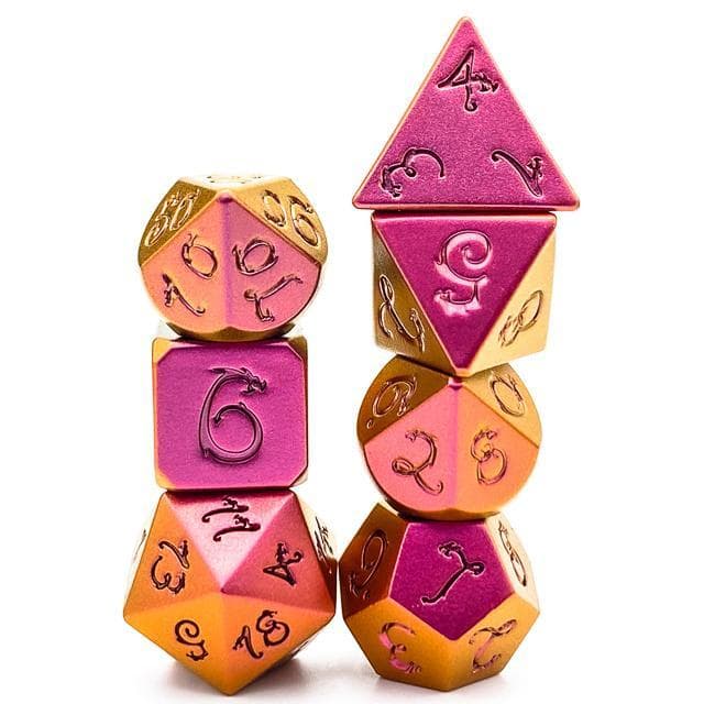 Metal Dice - Orange Iridescent w/Dragon - Set of 7