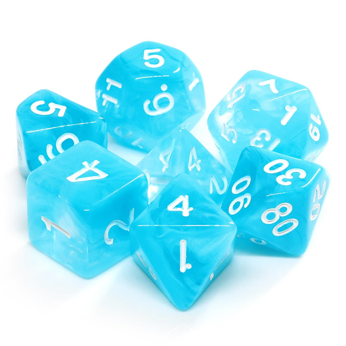 Polyhedral Dice Set | Acrylic | "Blue Sky" White Ink | Set of 7 (D0025)