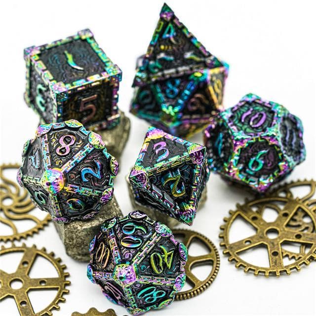 Metal Dice | "Dagger of Venom" Rainbow Black | Set of 7