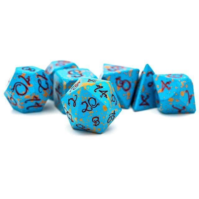 Metal Dice | Blue & Yellow w/ Red Dragon | Set of 7