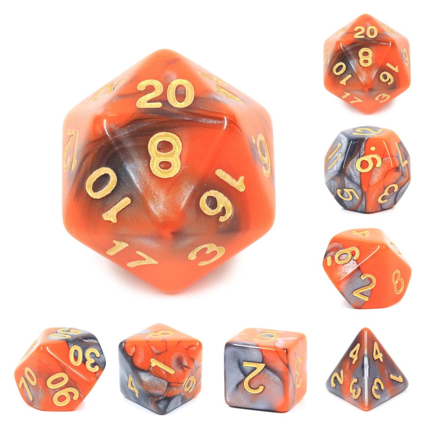 RPG Dice | "Molten Steel" Blend Silver Orange | Set of 7
