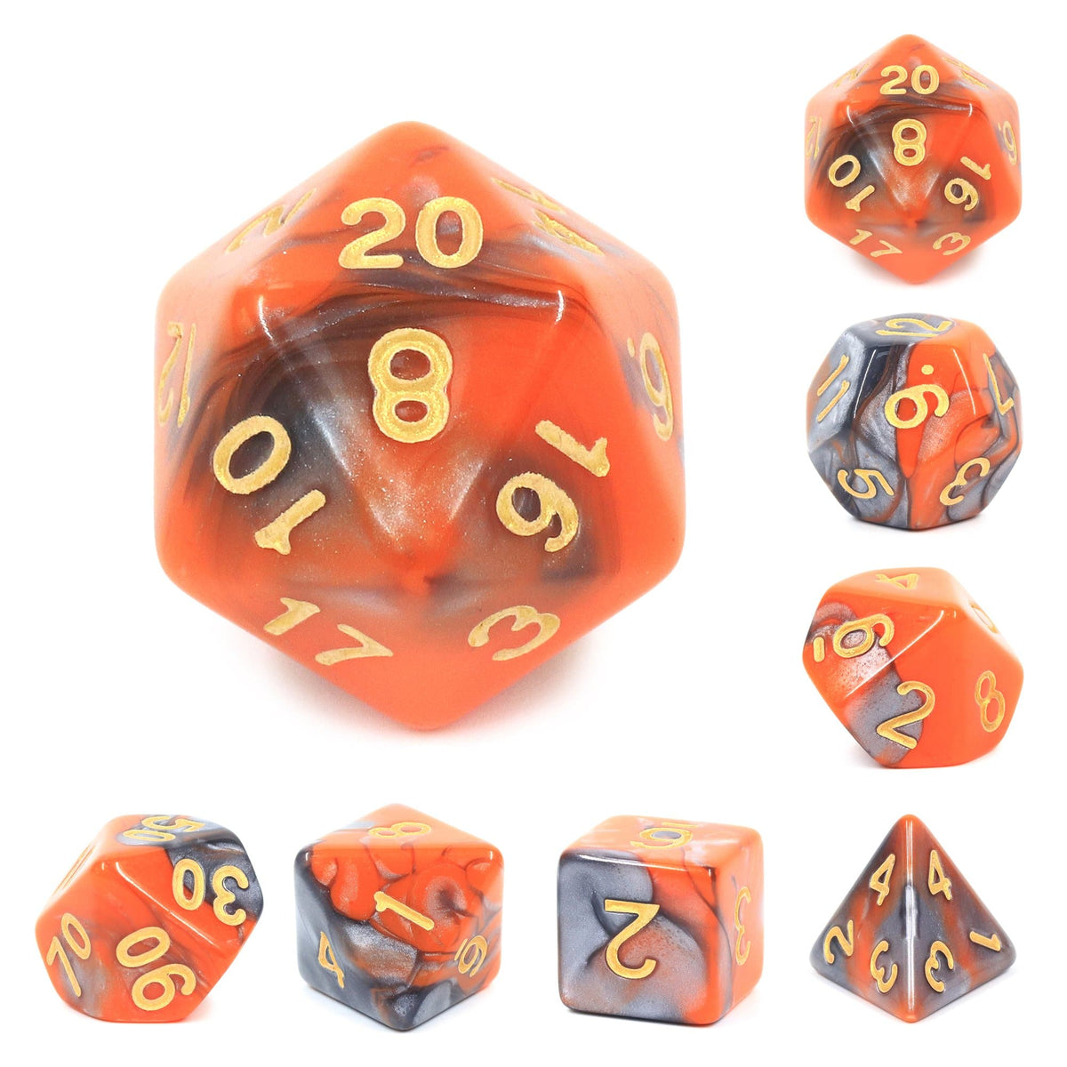 RPG Dice | "Molten Steel" Blend Silver Orange | Set of 7