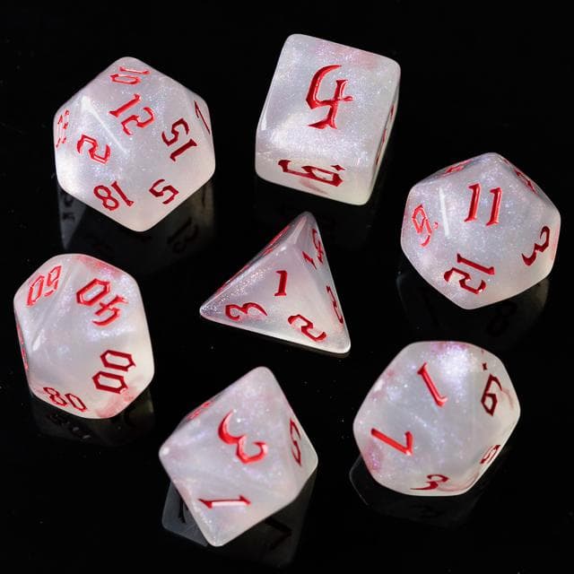 Polyhedral Dice Set | Acrylic | "Moonstone Thorns" Red Ink | Set of 7 (D0182)
